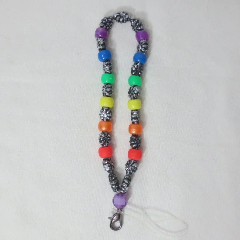 NEW Handmade Stretch Bracelet Rainbow Silver Beaded Phone Accessory Lanyard